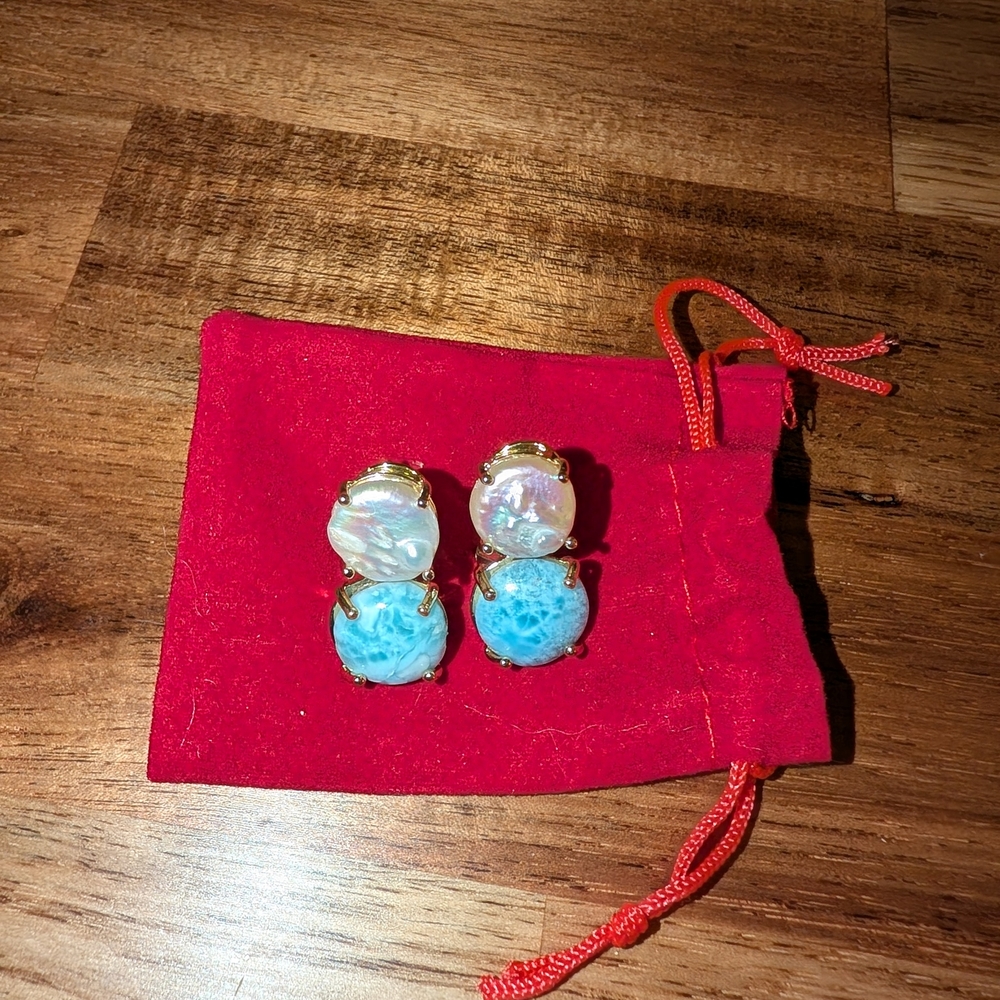 Larimar & Mother Pearl Double-Stud Earrings